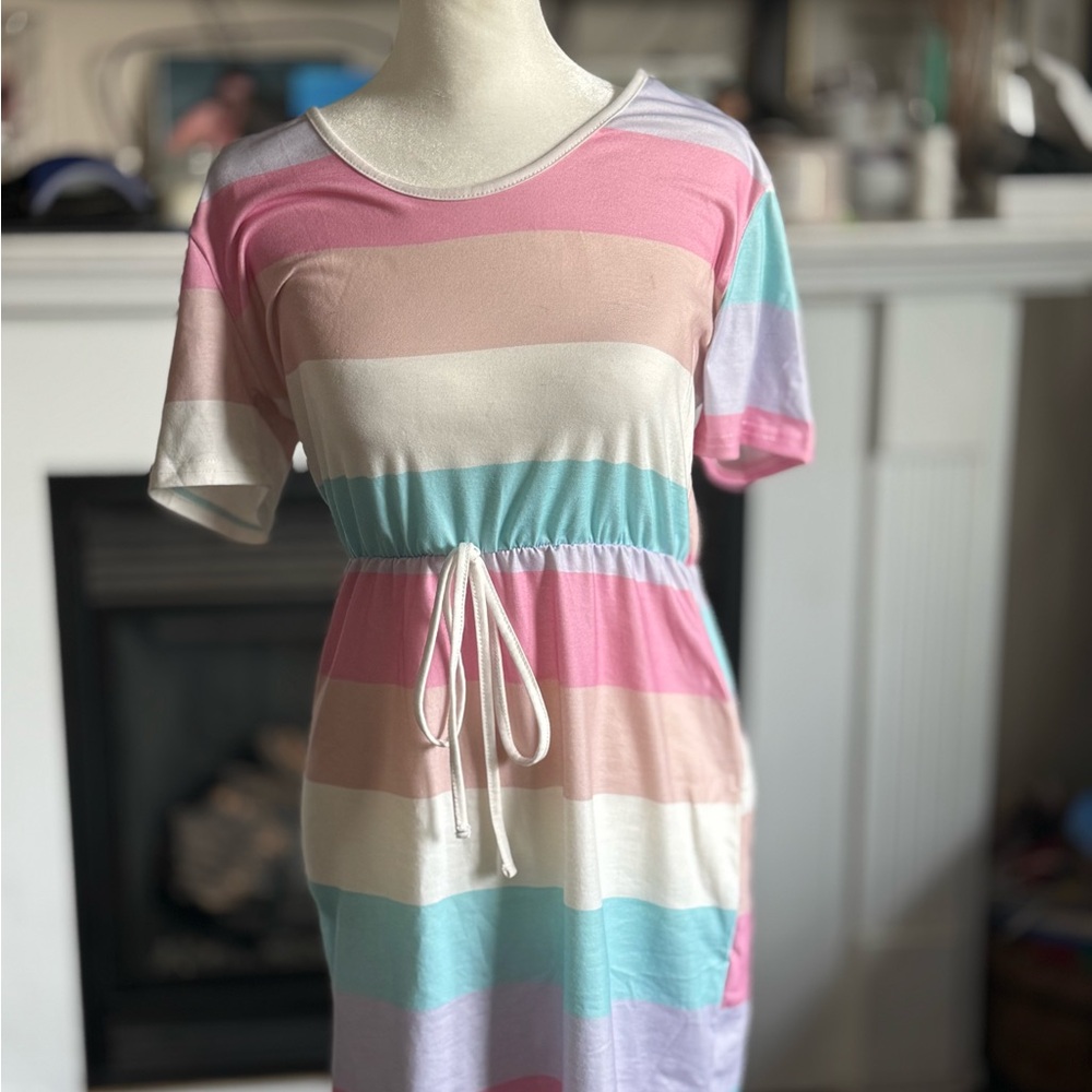 Striped Pastel Dress with Drawstring Waist